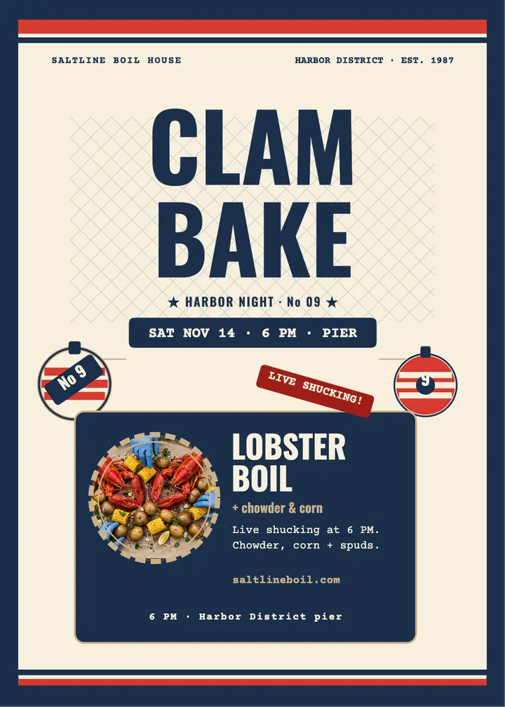 Saltline clam-bake night invitation: clam bake invitation template