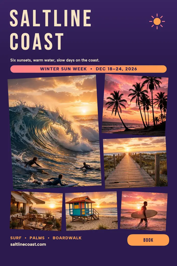 Saltline Coast sunset surf poster: sunset surf poster template