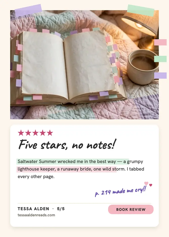 Saltwater Summer five-star review card: book review card template