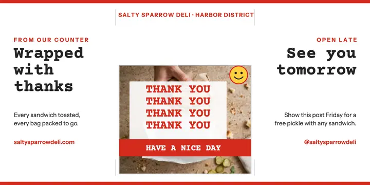 Salty Sparrow deli thank you bag post template