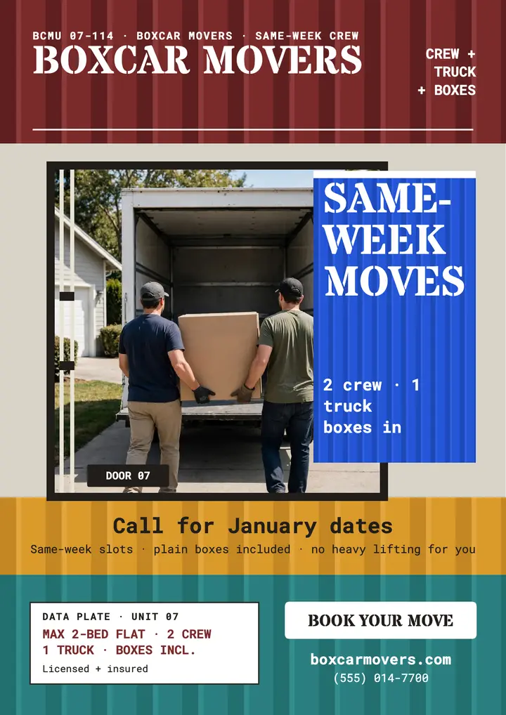 Same-week movers promo flyer, Boxcar template