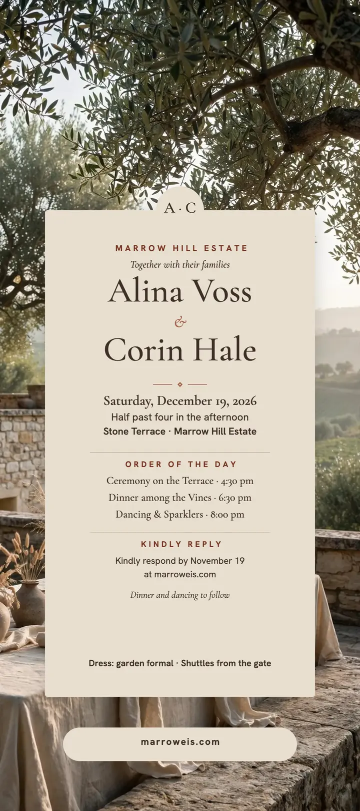 Sandstone vineyard wedding invitation rack card: vineyard wedding invitation template