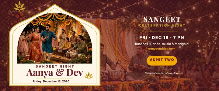 Aanya and Dev sangeet night ticket: sangeet ticket template