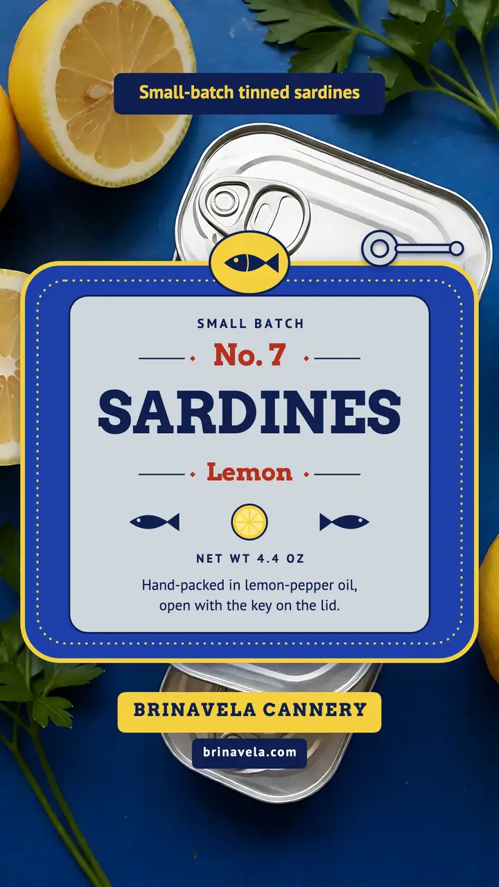 Lemon-pepper sardine tin label story template