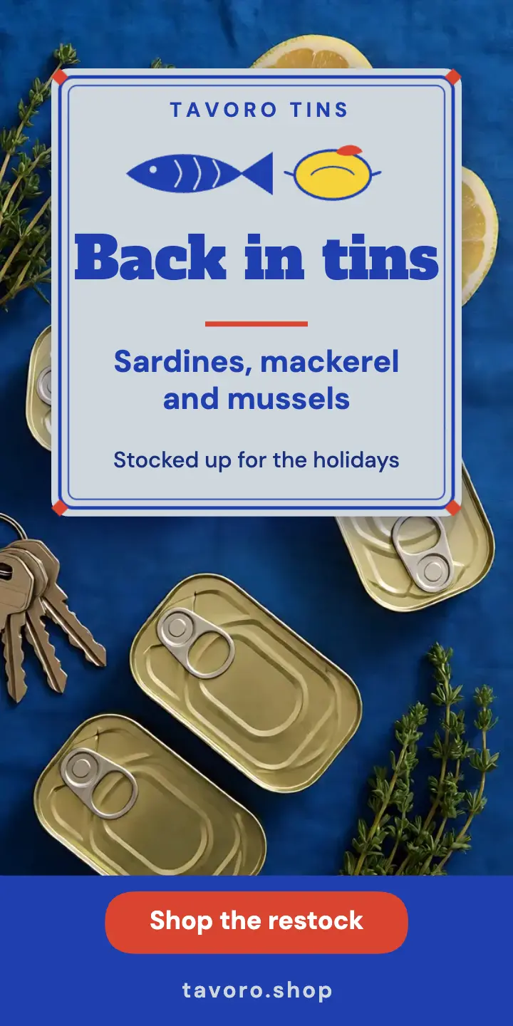 Tavoro Tins sardine tin restock half-page ad template