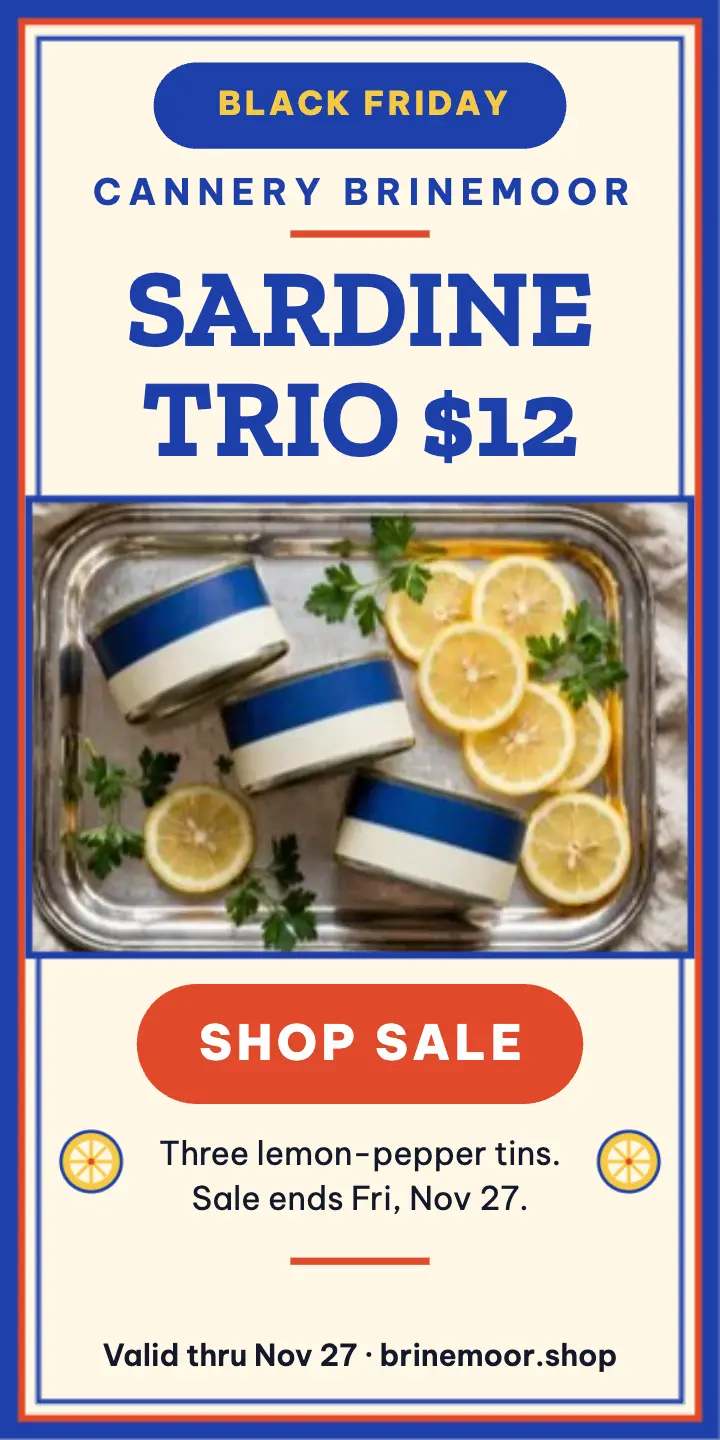 Brinemoor sardine trio sale half-page ad template