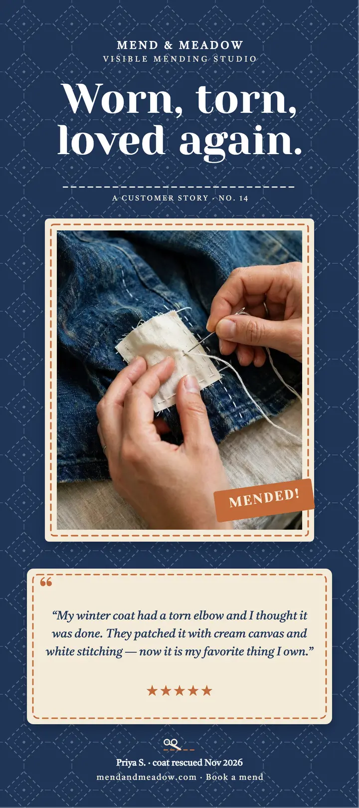 Mend and Meadow mending review rack card template