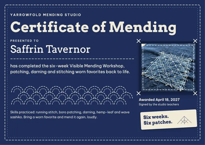 Yarrowfold Mending Studio workshop completion certificate: mending workshop certificate template