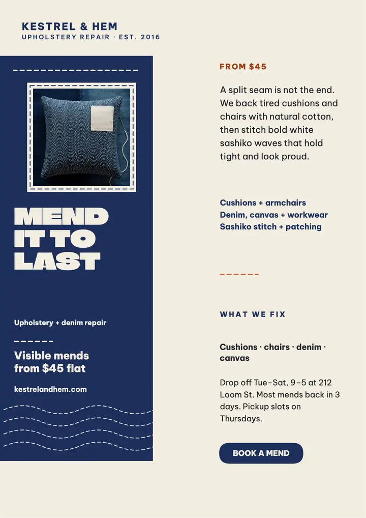 Kestrel and Hem sashiko repair flyer template