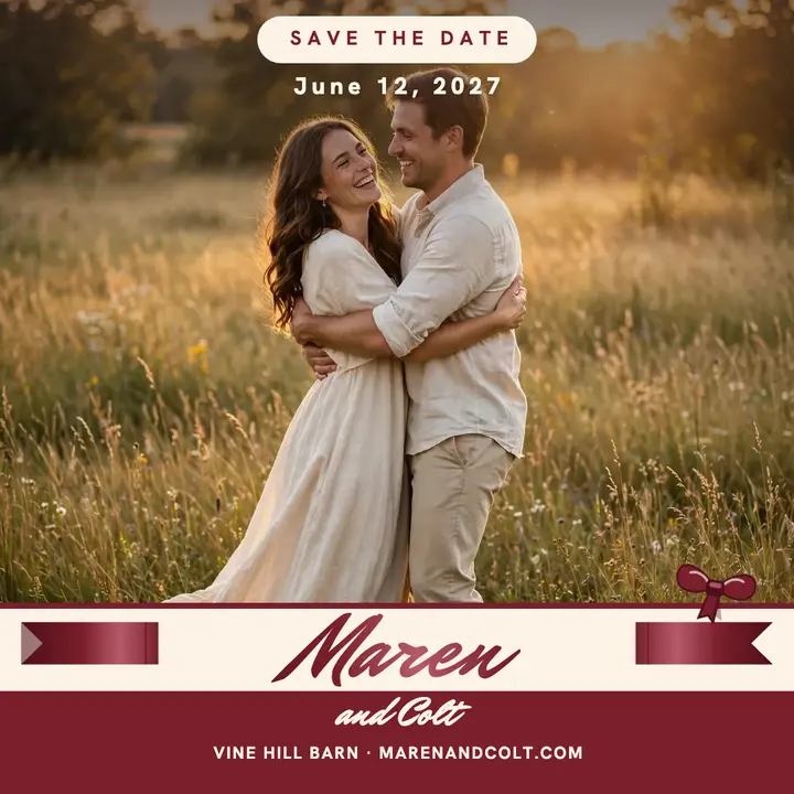 Maren and Colt satin ribbon save date: save the date post template