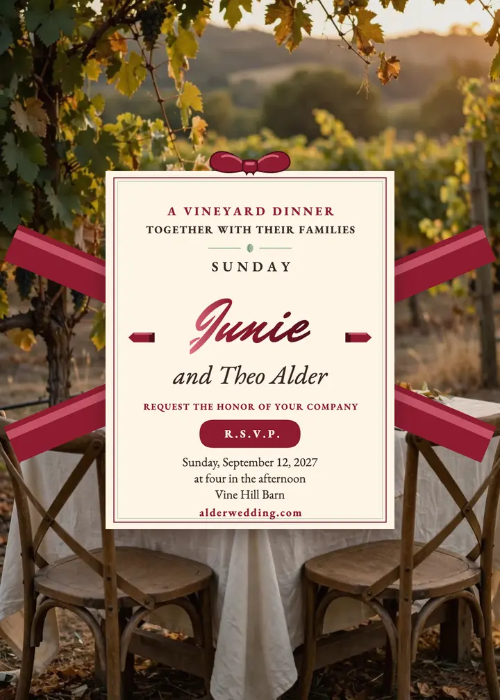 Junie and Theo vineyard dinner invitation: vineyard wedding invitation template
