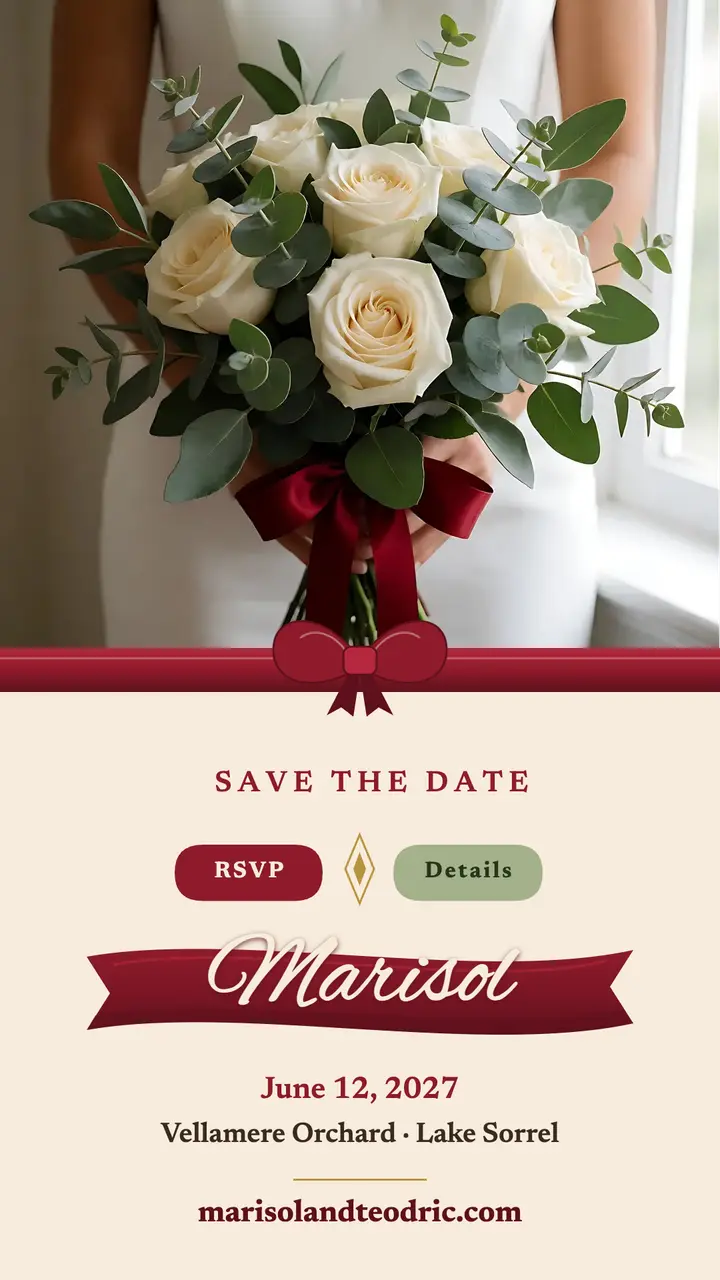 Marisol satin ribbon wedding save the date story: wedding save the date story template