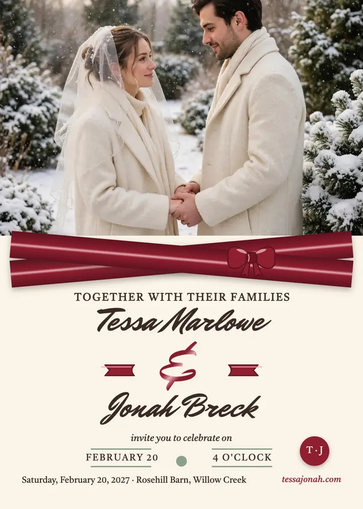 Tessa and Jonah satin ribbon winter invitation template
