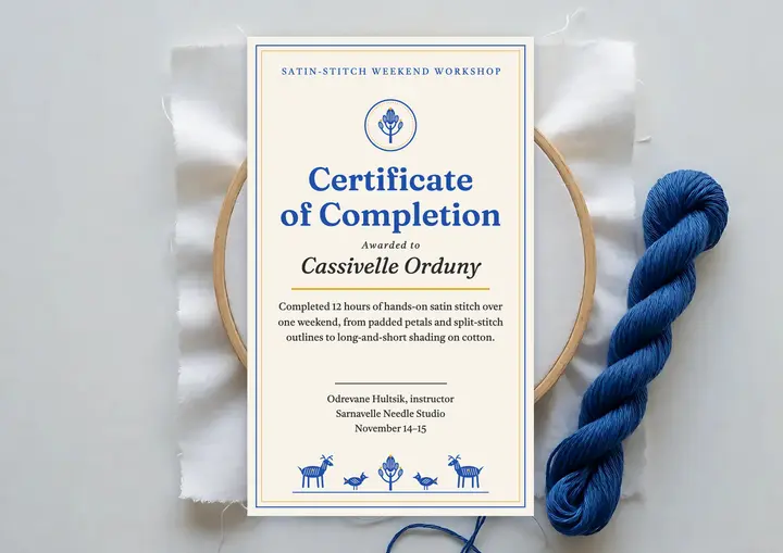 Satin-stitch weekend workshop completion certificate template