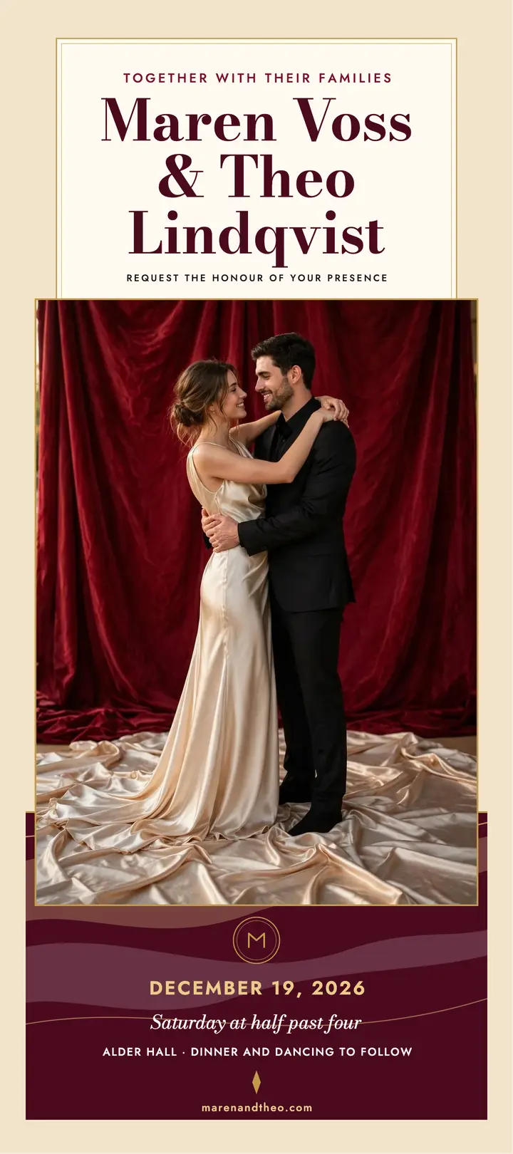 Maren and Theo ruby satin wedding invitation: winter wedding invitation template