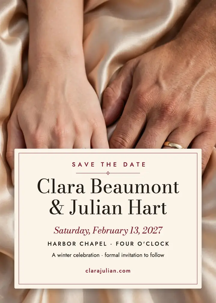 Clara and Julian winter satin save the date template
