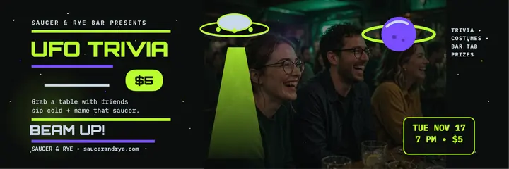 Saucer and Rye UFO trivia X header: trivia night header template