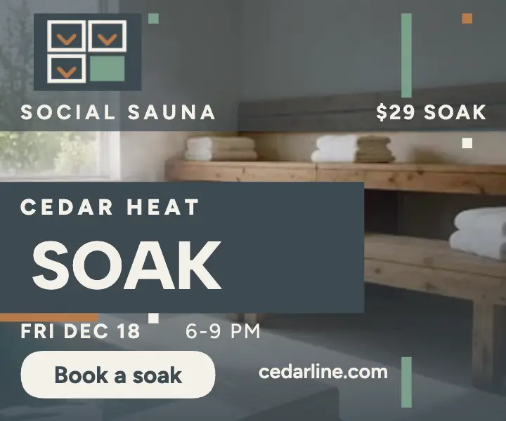 Cedarline Bathhouse sauna soak rectangle ad: sauna ad template