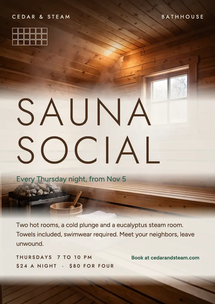 Cedar and Steam social sauna Thursdays flyer template