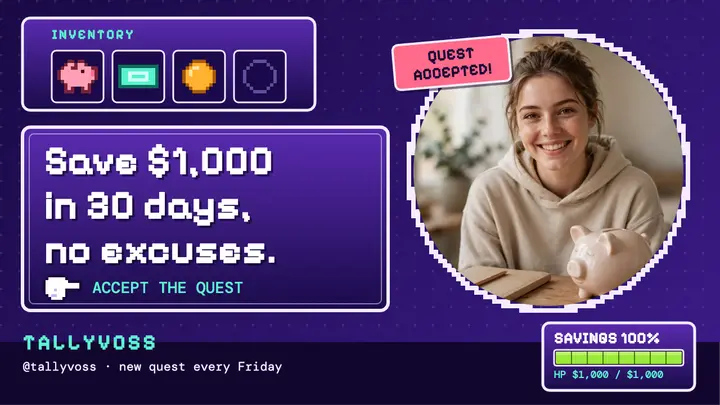 Save $1,000 in 30 days quest RPG thumbnail template