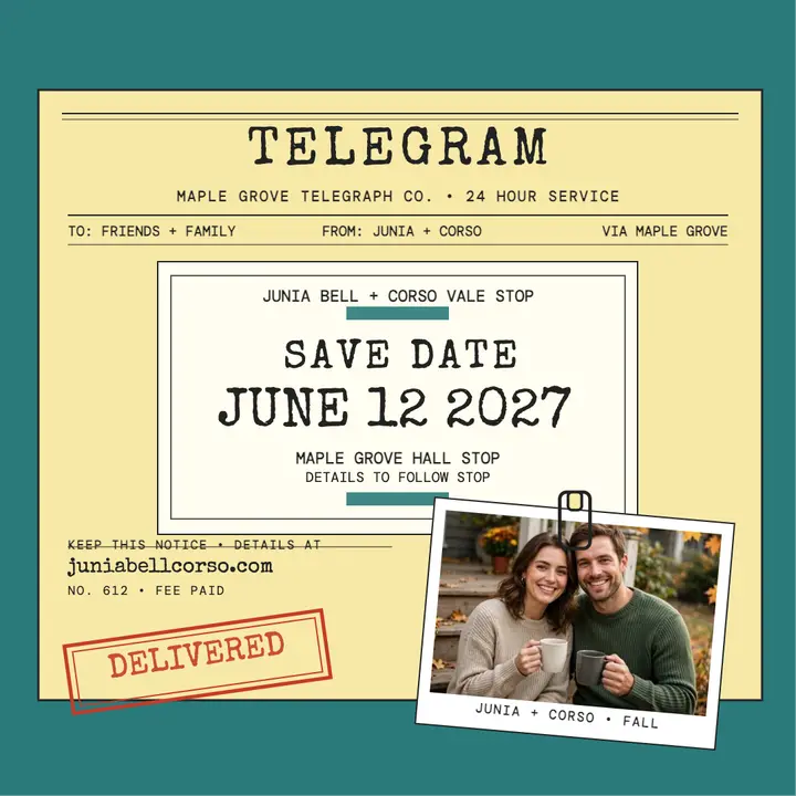 Junia and Corso telegram save the date: save the date telegram template