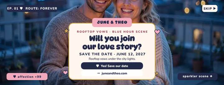 June and Theo game save the date cover template