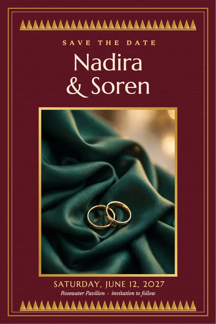 Nadira and Soren gold weave save the date poster: save the date wedding poster template