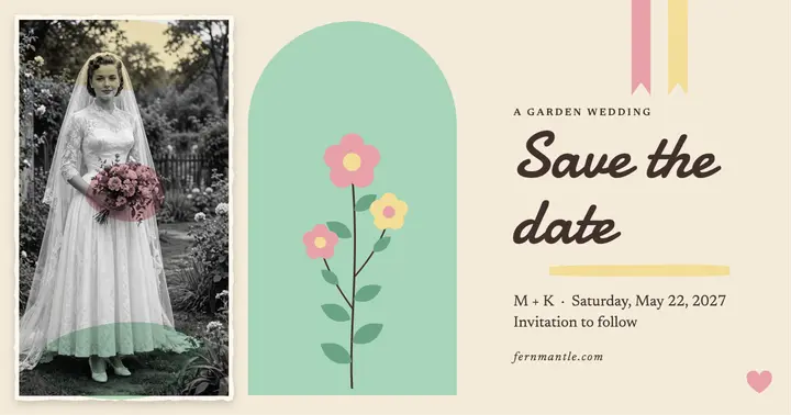 Garden wedding save the date, hand-tinted photo template