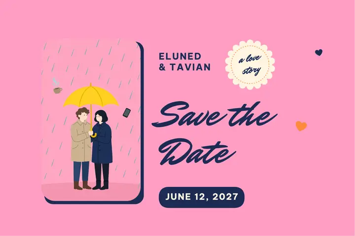 Eluned & Tavian save the date, rom-com illustration: save the date postcard template