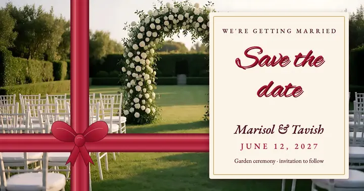 Marisol and Tavish satin ribbon save the date post template