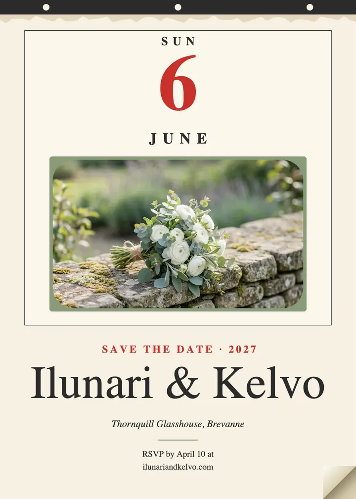 Wedding save the date, tear-off calendar page template