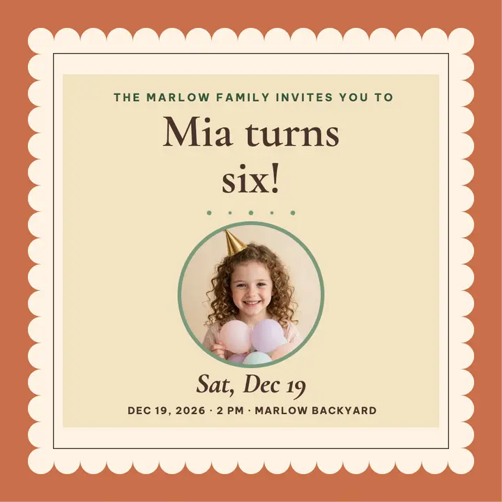 Mia scalloped birthday invite, Marlow party template