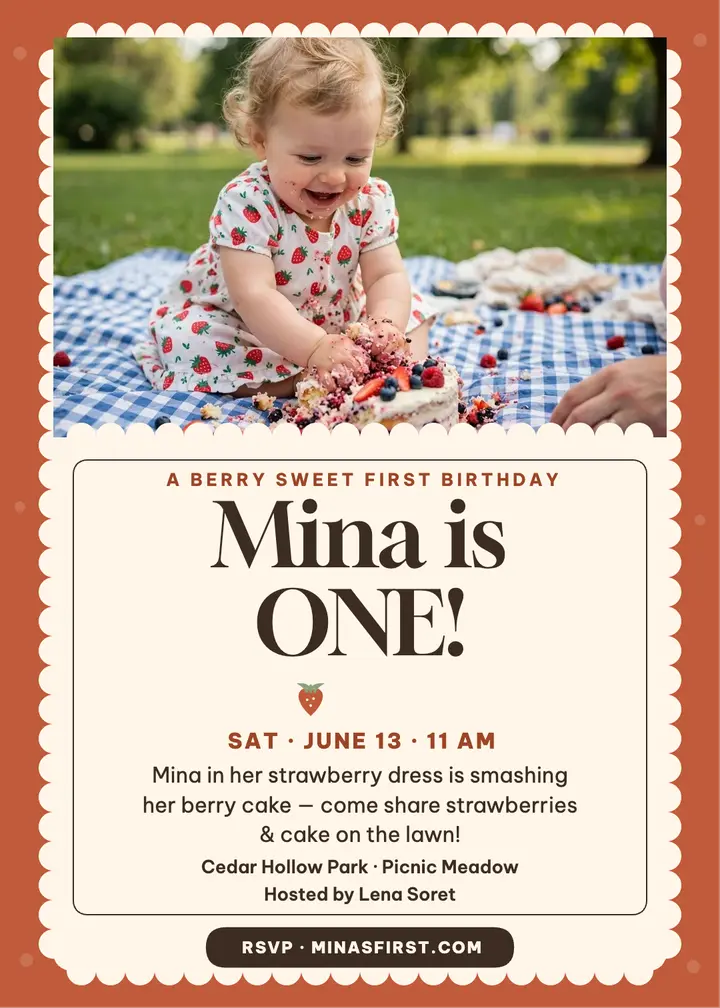Mina berry picnic first birthday invite template