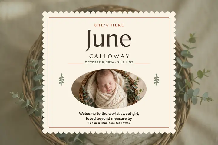 June scalloped baby announcement postcard template