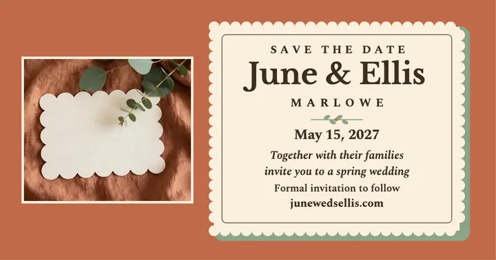 Scalloped save the date post, June and Ellis: wedding save date post template
