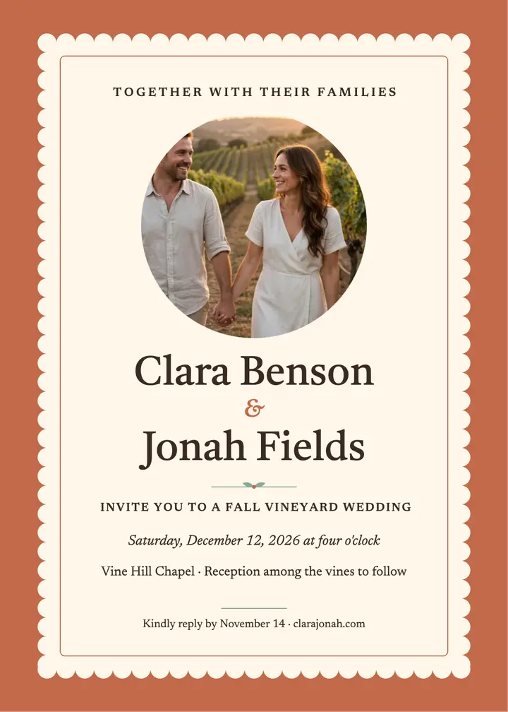 Scalloped fall vineyard wedding invitation template