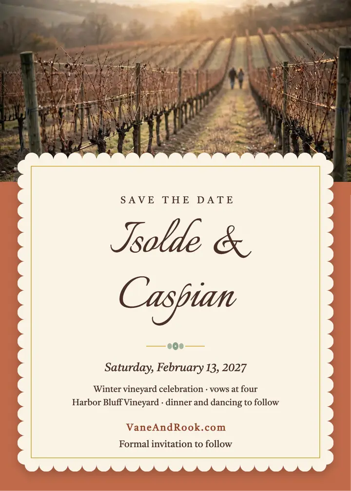 Vineyard winter save the date, scalloped card template