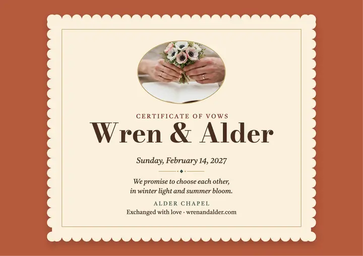 Wren and Alder scalloped vow certificate template