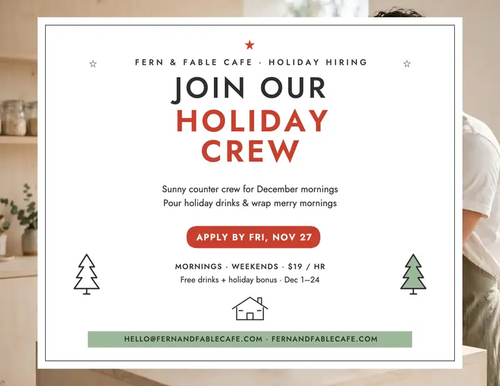 Fern and Fable holiday crew hiring flyer template