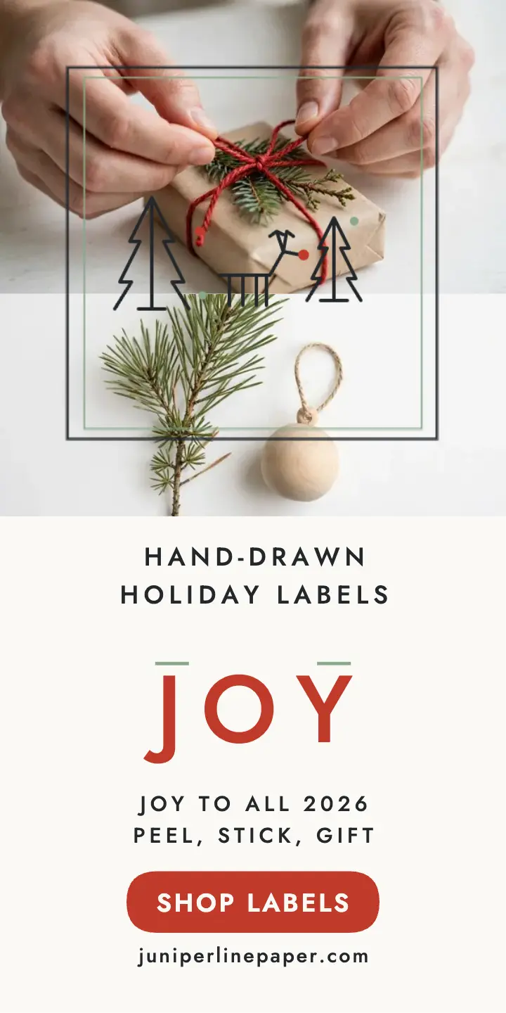 Juniperline Paper Joy labels ad: christmas stationery ad template