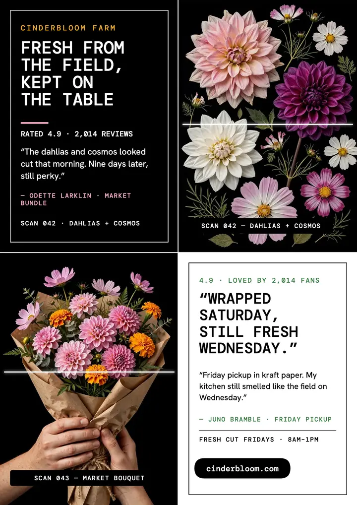 Cinderbloom Farm scanned reviews flyer: flower farm reviews flyer template