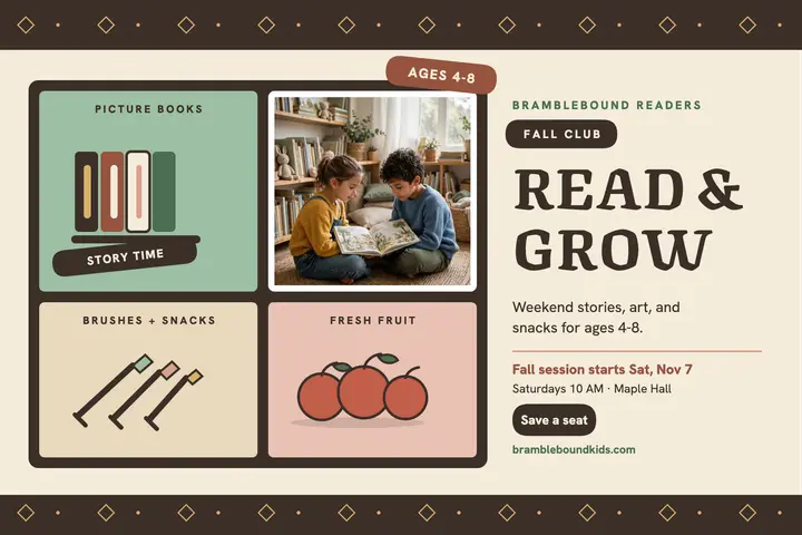 Bramblebound Readers weekend club postcard: reading club postcard template