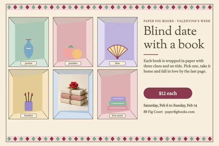 Blind date with a book Valentine's postcard, Paper Fig Books template