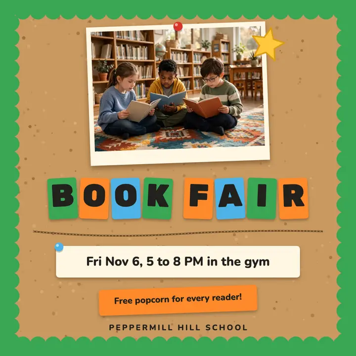 School book fair and family reading night post, Peppermill Hill School template