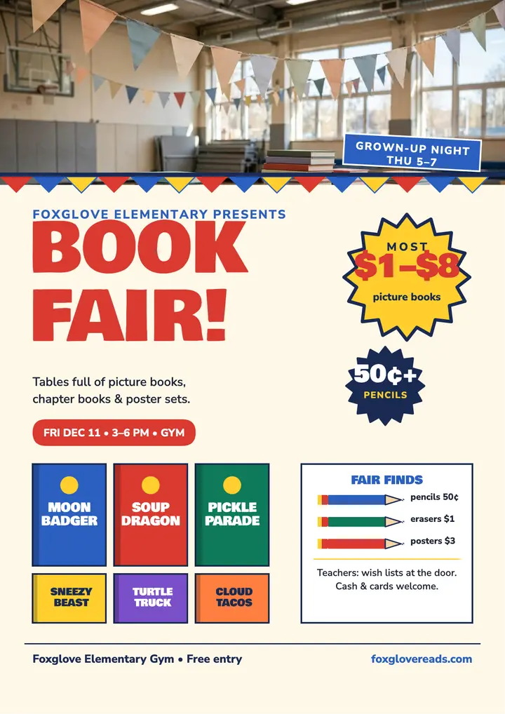 Foxglove Elementary book fair flyer template
