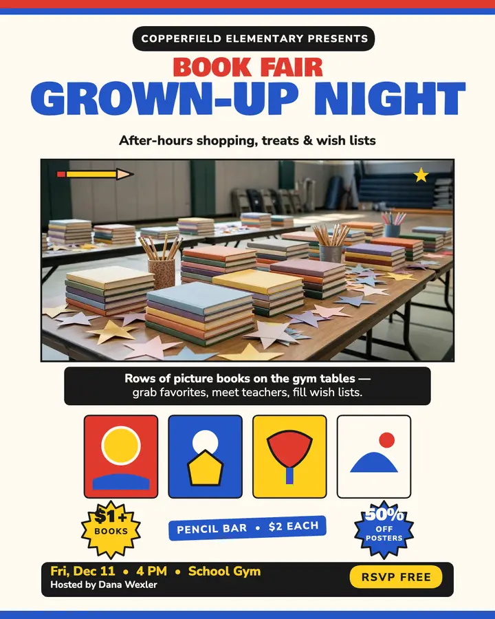 Copperfield book fair grown-up night post template