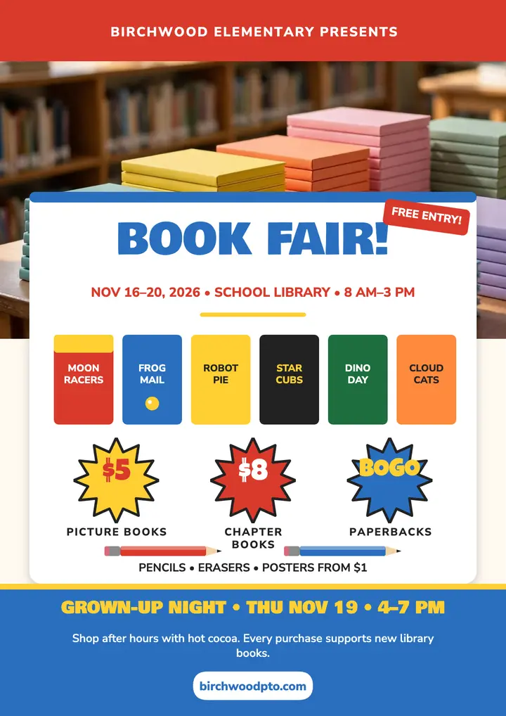 Birchwood Elementary book fair flyer template
