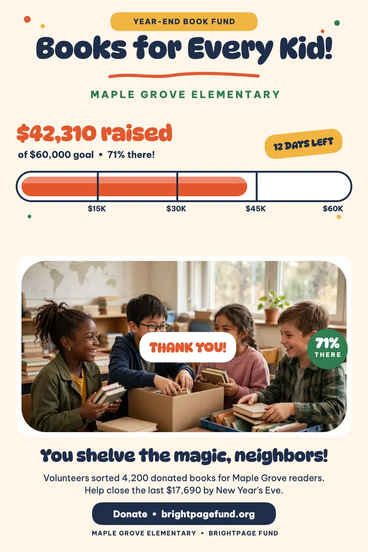 Maple Grove book fund thermometer poster: school fundraiser poster template