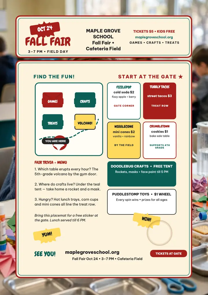 Maple Grove Fall Fair placemat: school fair placemat template