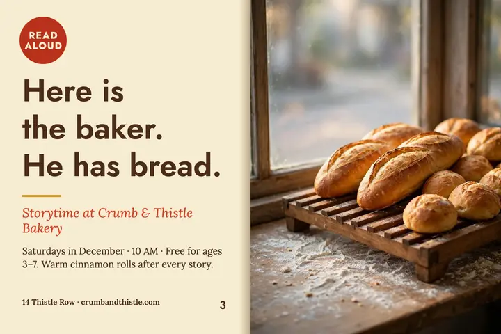 Bakery storytime postcard, Crumb & Thistle template